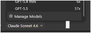 The Manage Models option in the GitHub Copilot model chooser.