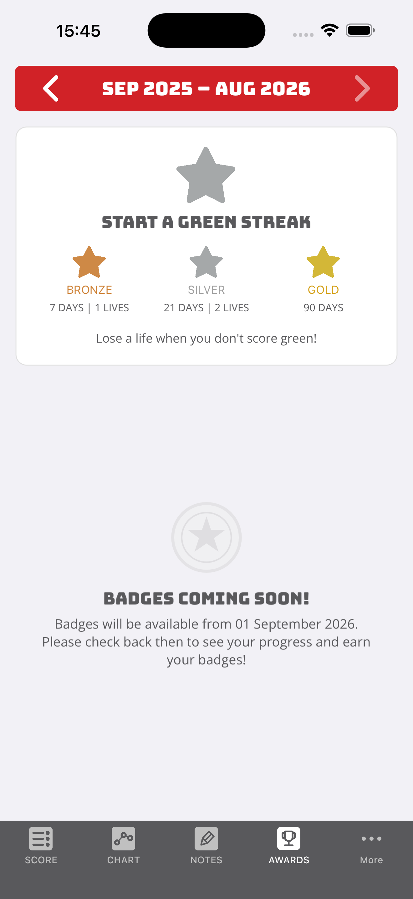 The B.E.N. app awards screen listing badges and challenges.