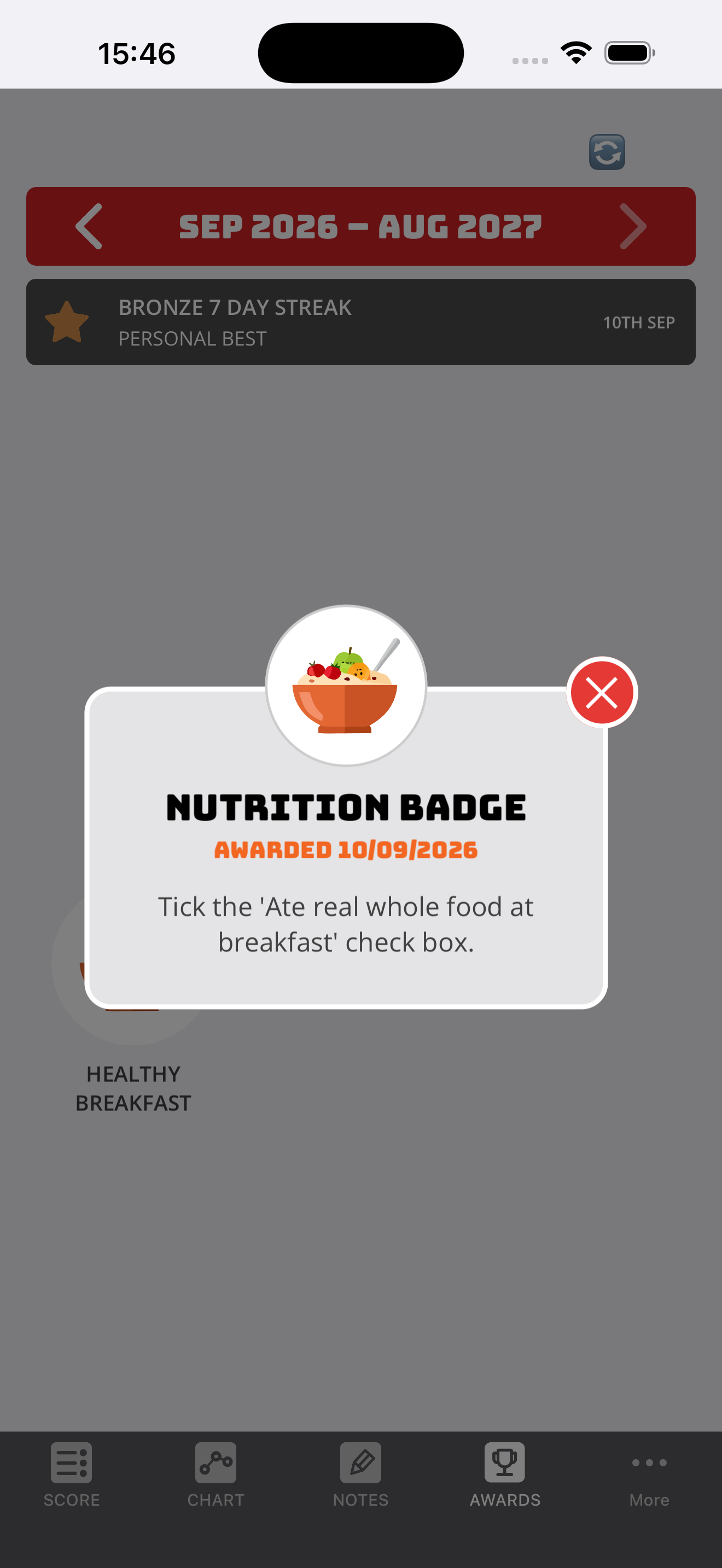 The B.E.N. app badge screen celebrating a challenge won.
