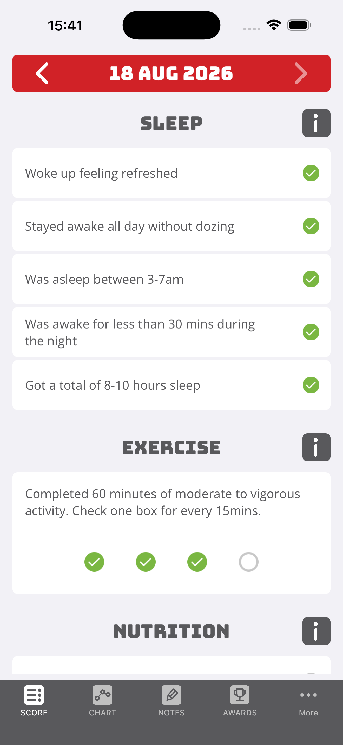 The B.E.N. app daily wellbeing scoring screen.