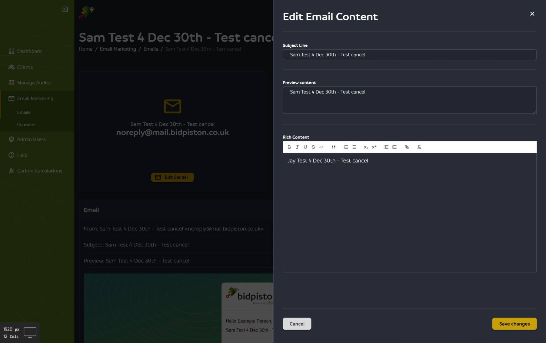 The BidPiston email content editor.