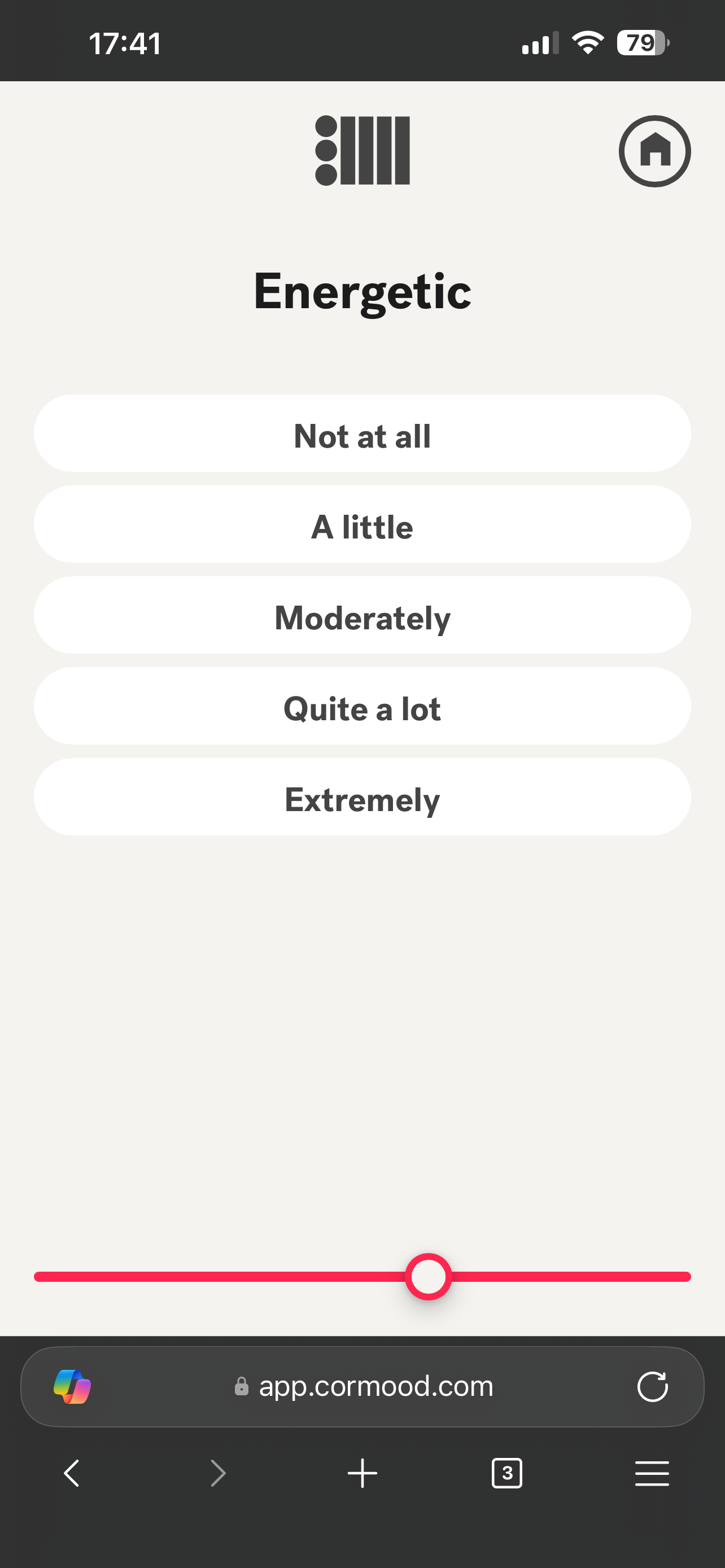 The CorMood app mood check-in screen.