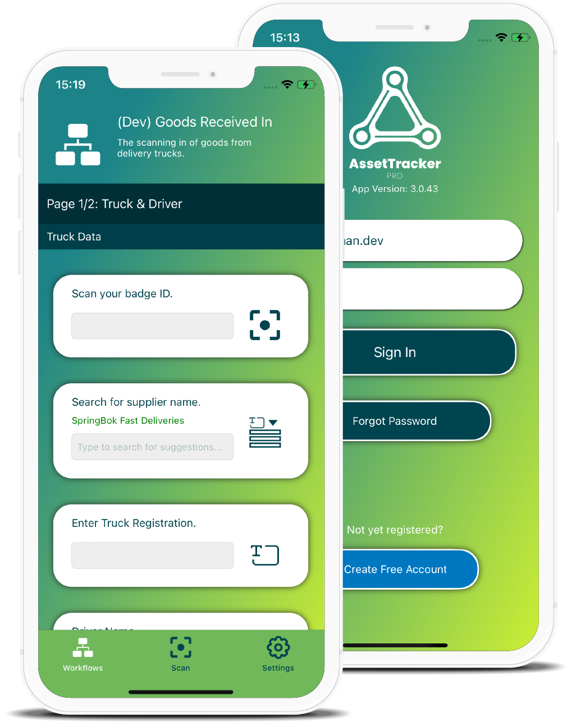 AssetTracker Pro running on two iPhones, showing the goods-received workflow and sign-in screen.