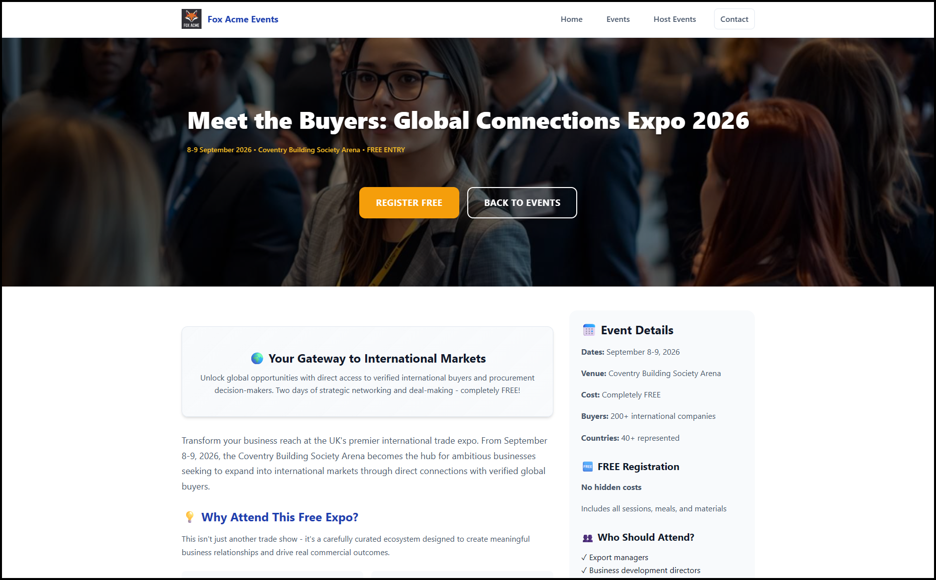 Meet the Buyers expo event page on Fox Acme Events, a live demo site built on Unity Bookings & Events