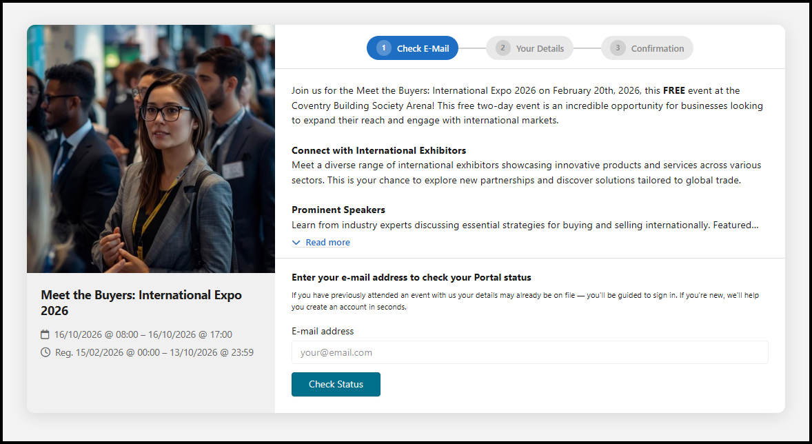 First registration step, where a delegate enters their e-mail address to check for an existing portal account