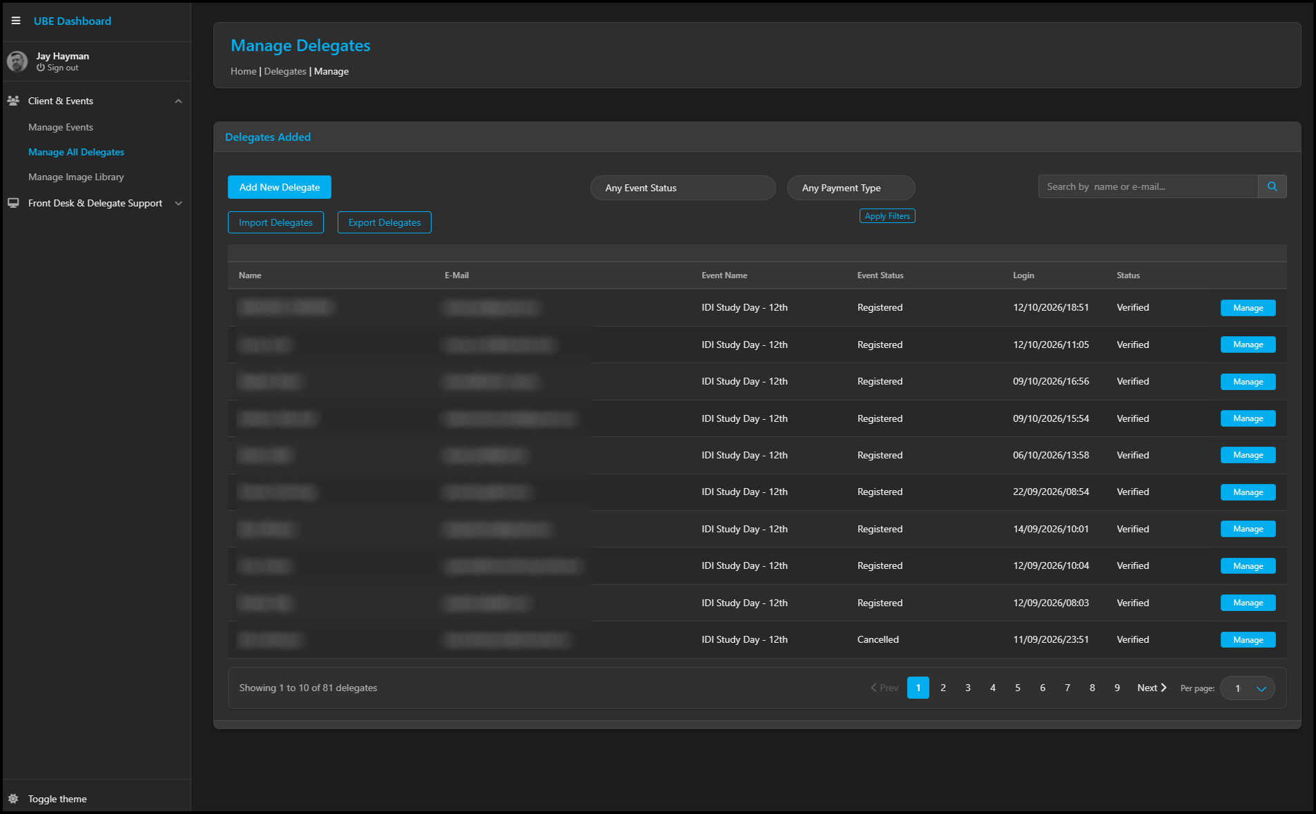 Delegate list with search and filters